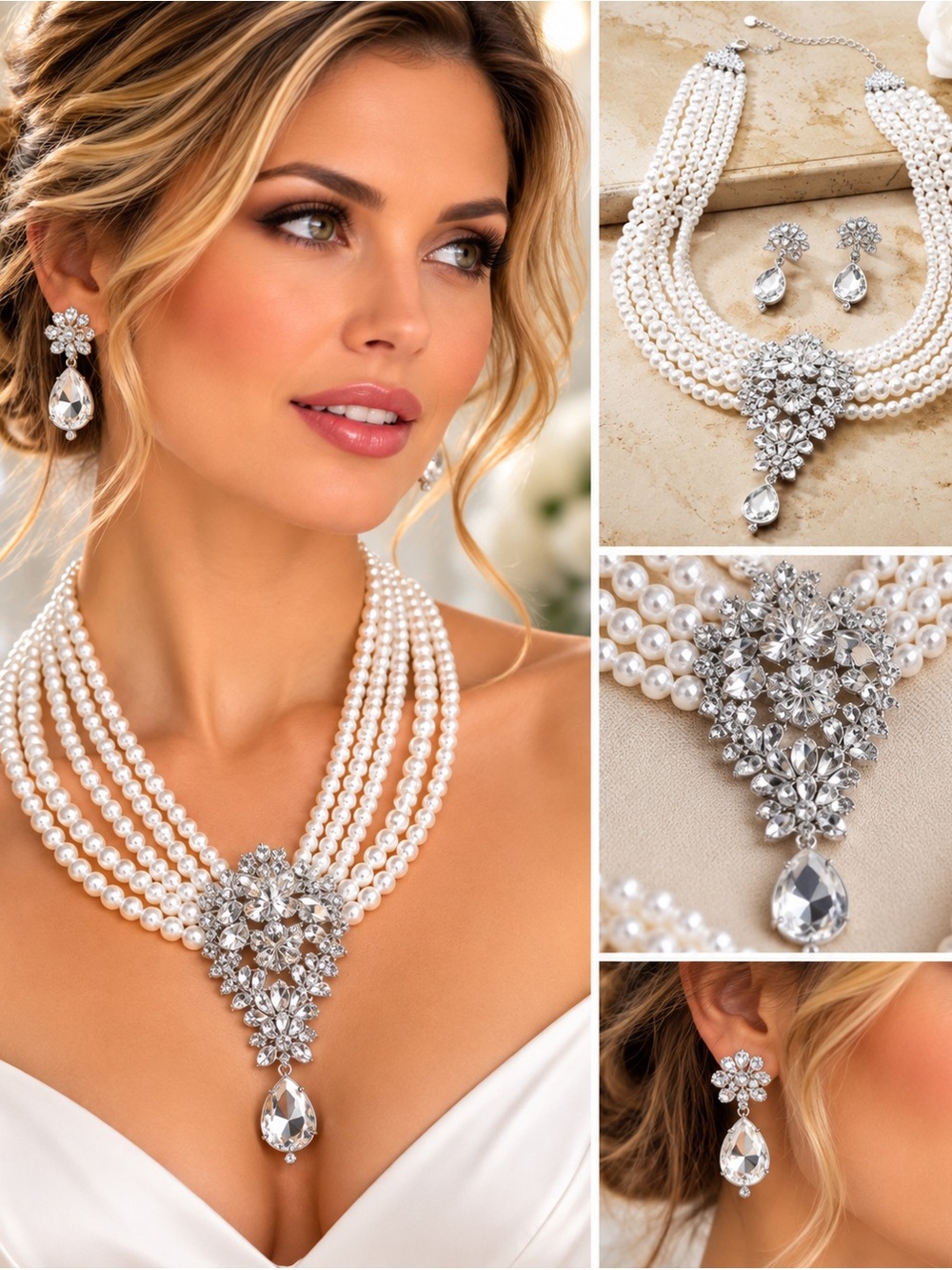 Midnight Velvet Vintage Look Crystal Faux Pearl Necklace Earrings Set